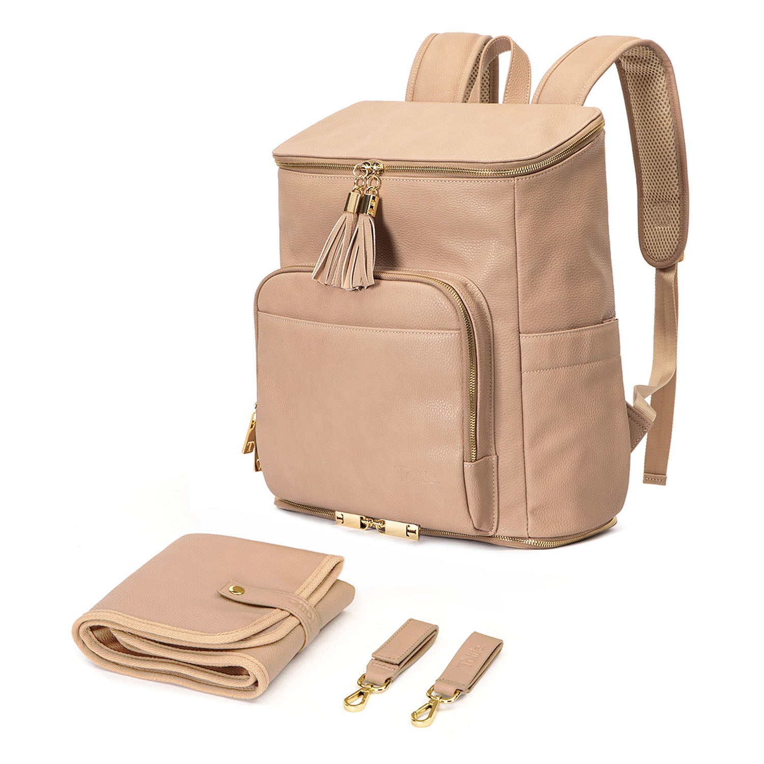 Complete set of stone leather nappy backpack with a gold zipper, featuring matching stone pram clips with gold hardware and a stone change mat secured with a gold button from Tottie.