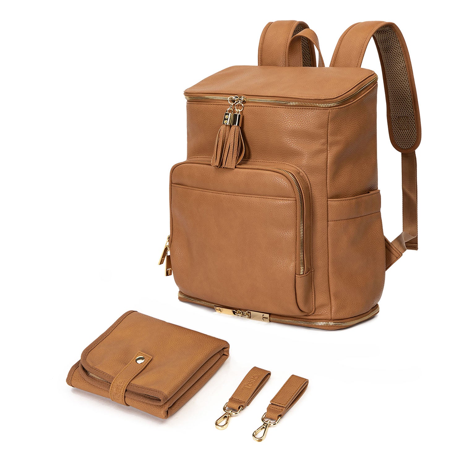 Complete set of tan leather nappy backpack with a gold zipper, featuring matching tan pram clips with gold hardware and a tan change mat secured with a gold button from Tottie.