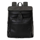 Close-up shot of black leather nappy backpack from Tottie with a black zipper