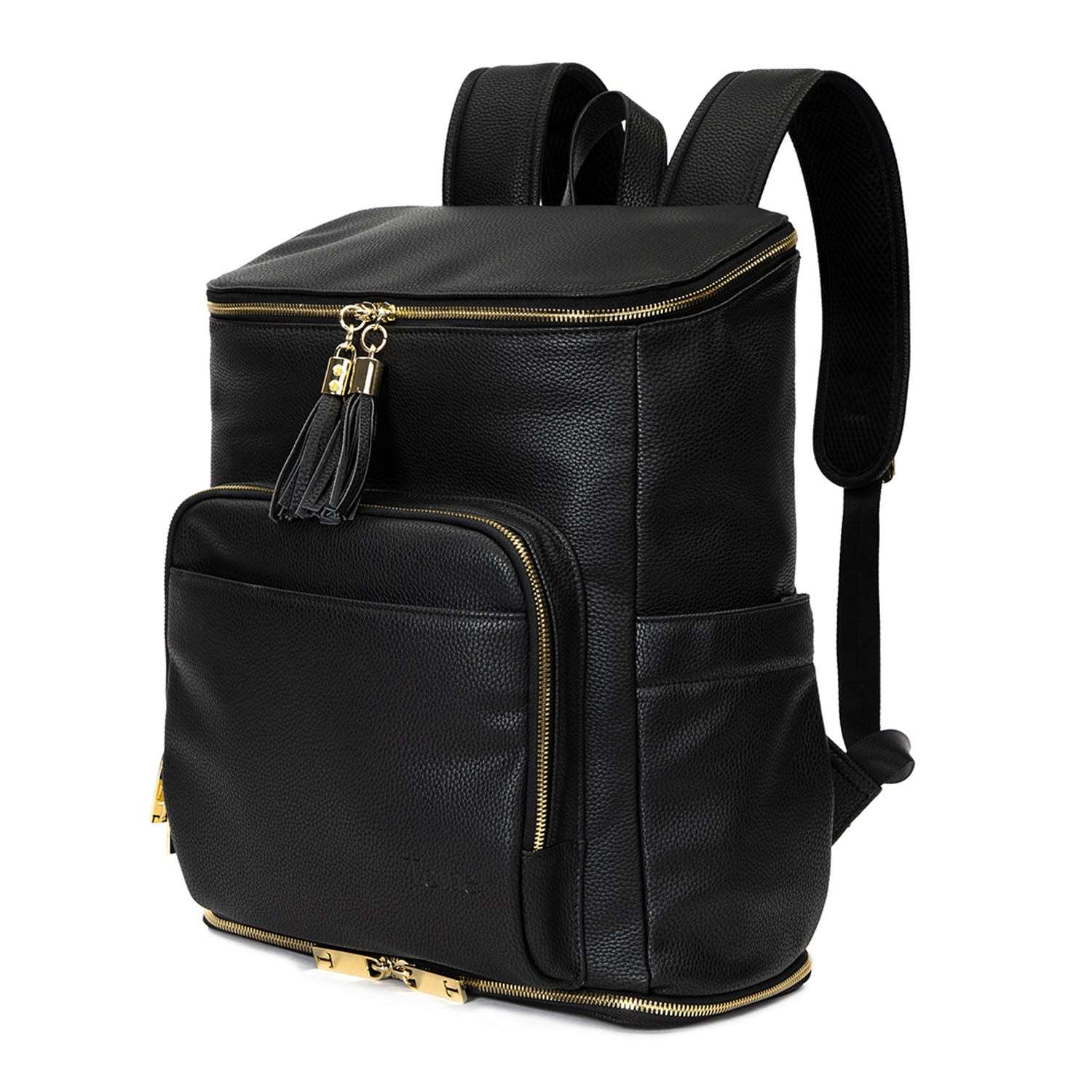 A black leather baby bag backpack with gold zippers on white background