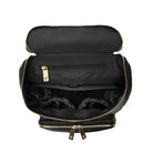 Top view of the unzipped main compartment of a black leather nappy backpack with a gold zipper from Tottie