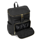 Unzipped black leather nappy backpack with gold hardware from Tottie, displayed against a white background