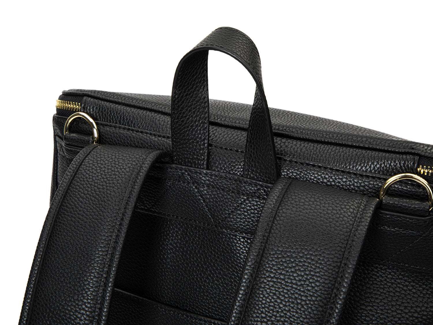 Shot of a hand holding of a black leather nappy backpack with a gold zipper from Tottie