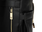 A black leather baby bag backpack with gold zippers on white background