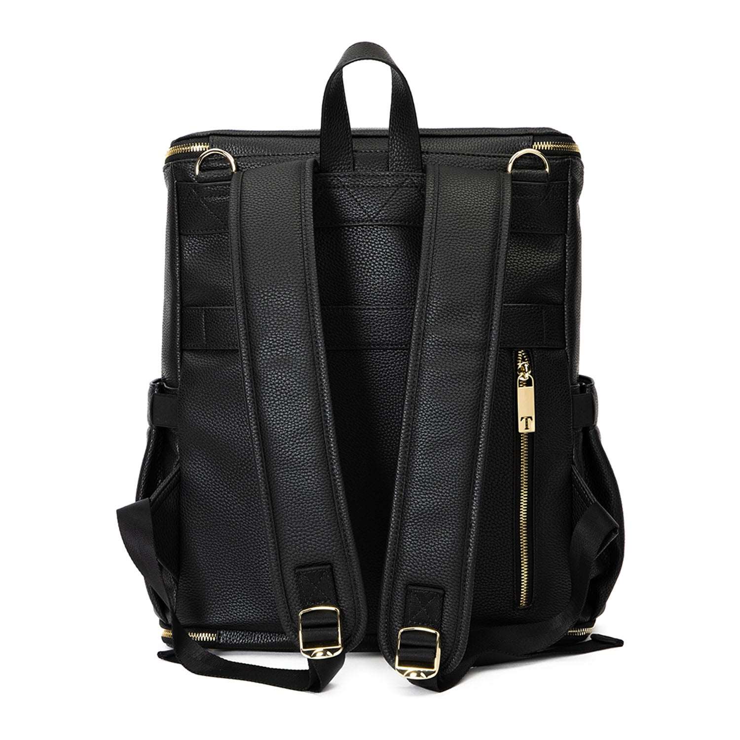 Back view of a black leather nappy backpack with a gold zipper from Tottie
