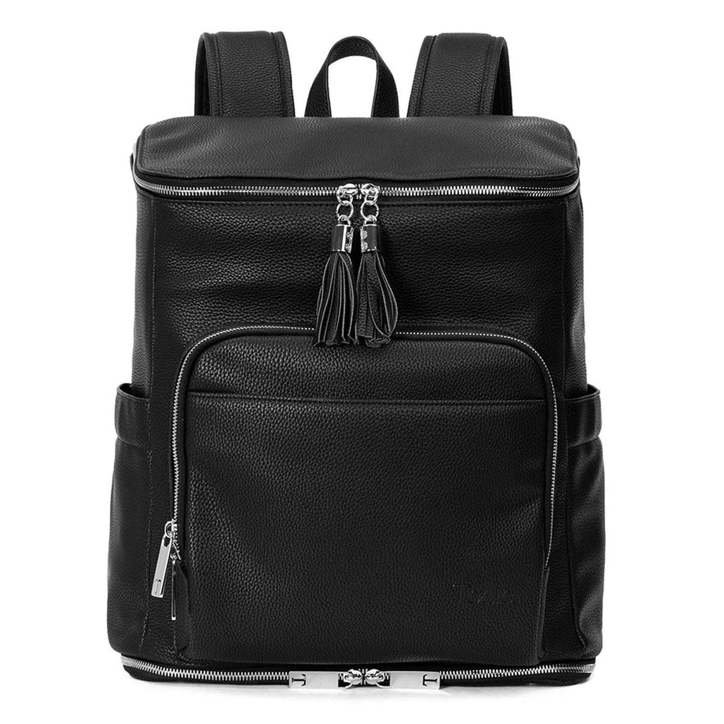 A black leather baby backpack with silver zippers on white background