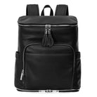 Front view of a black leather nappy backpack with a silver zipper from Tottie