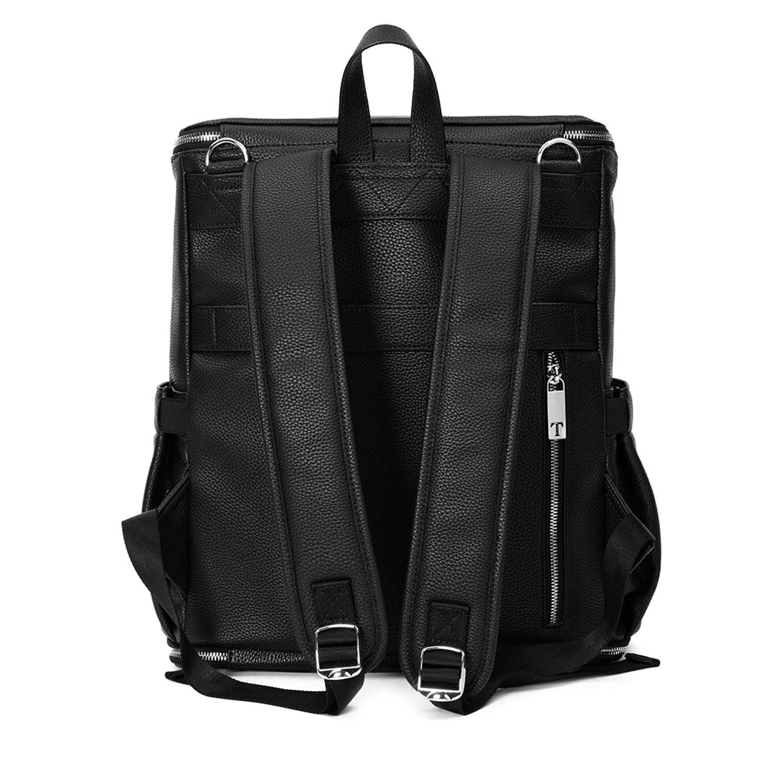 A black leather baby backpack with silver zippers on white background