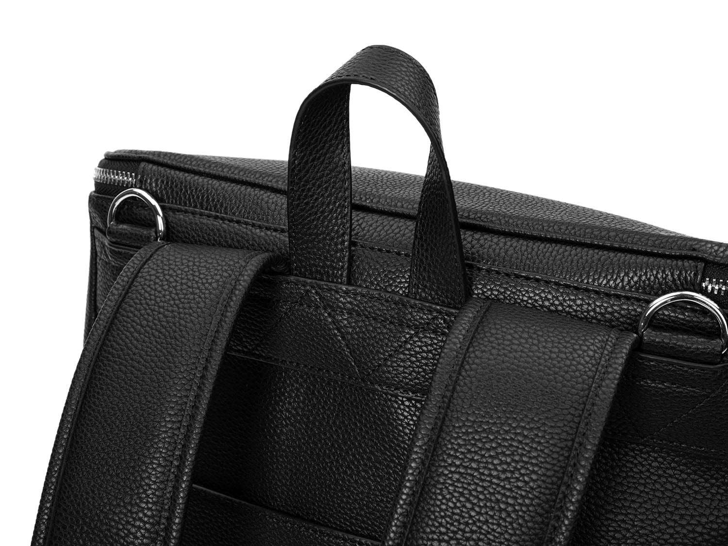 Shot of a hand holding a black leather nappy backpack with a silver zipper from Tottie