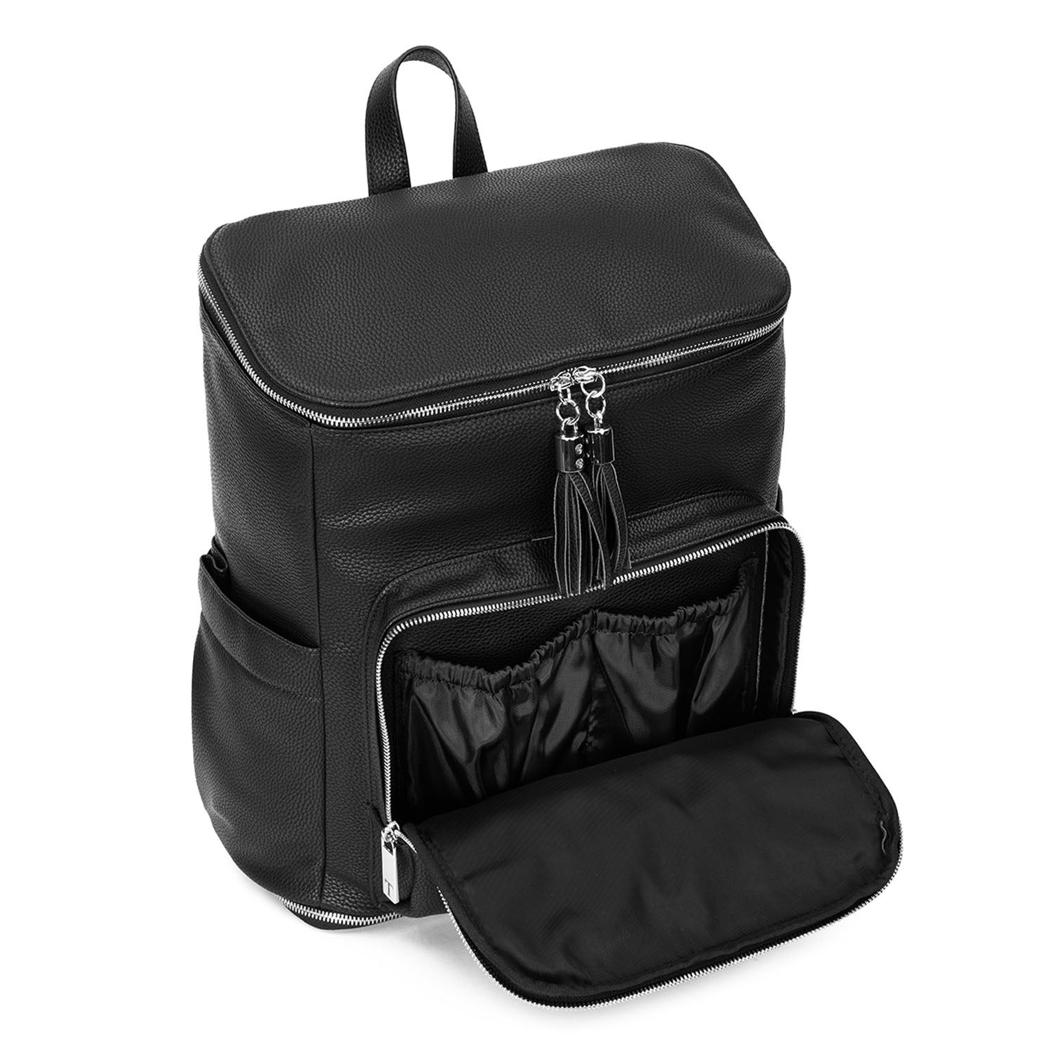 Unzipped black leather nappy backpack with silver hardware from Tottie, displayed against a white background