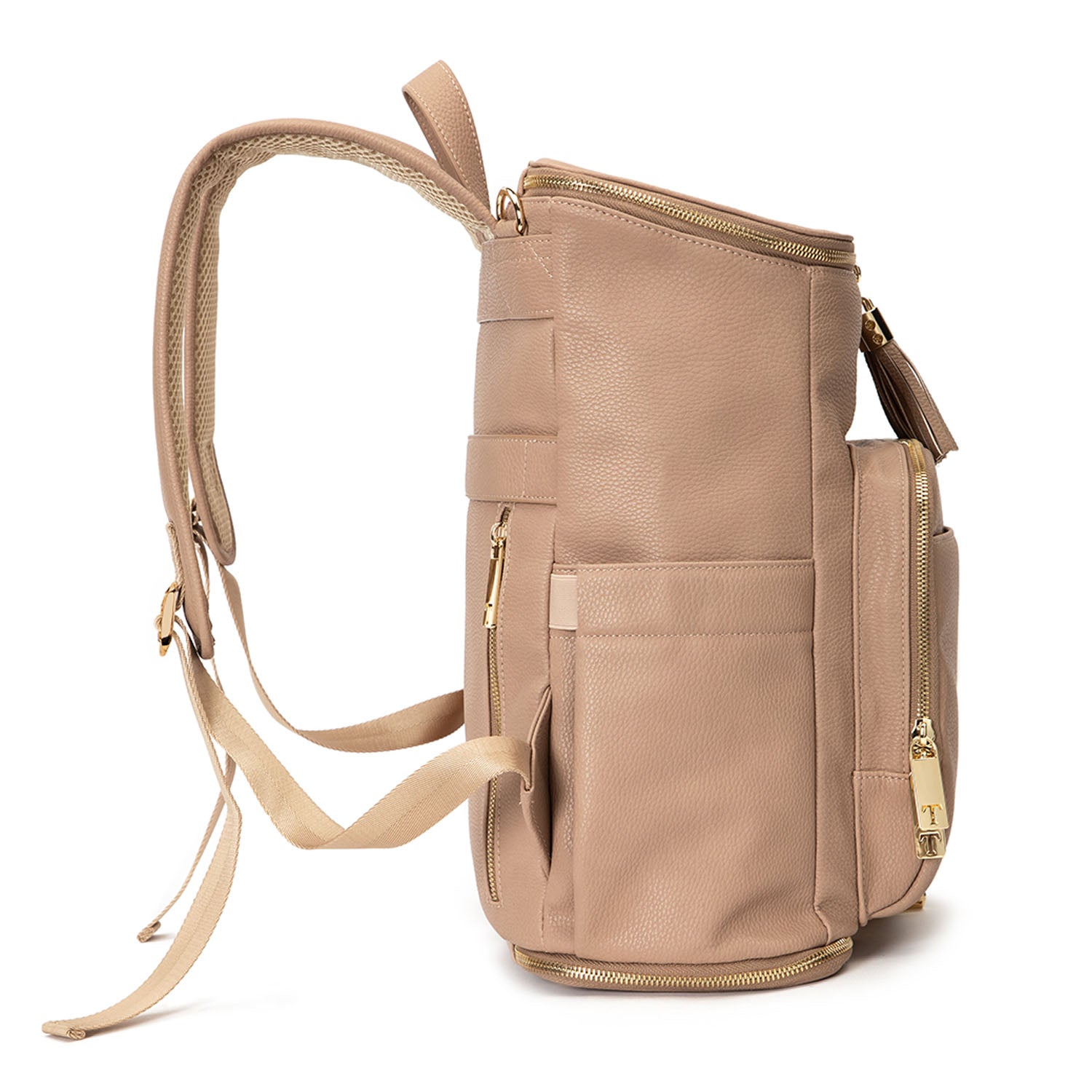 Side view of a stone leather nappy backpack with a gold zipper from Tottie