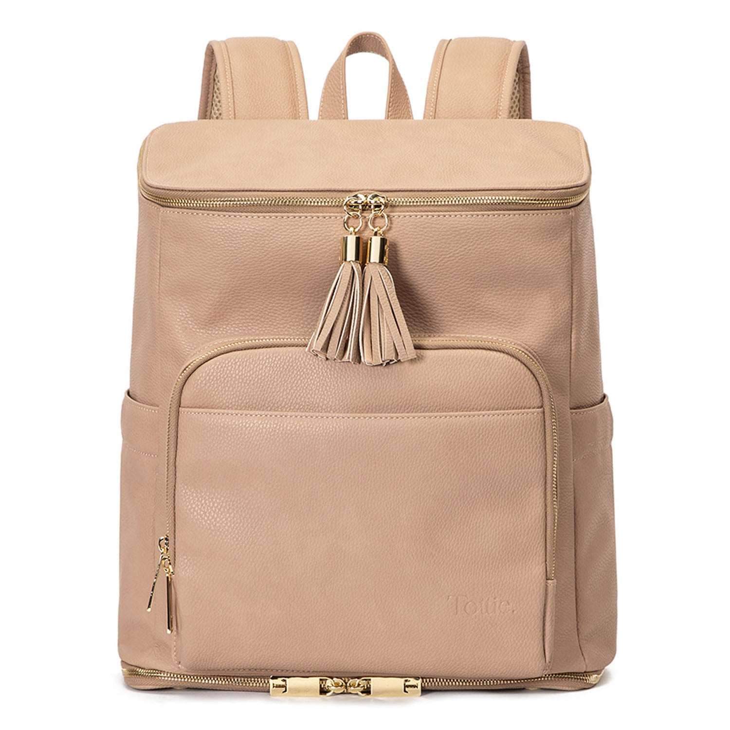 A stone colour leather baby backpack with gold zippers on white background