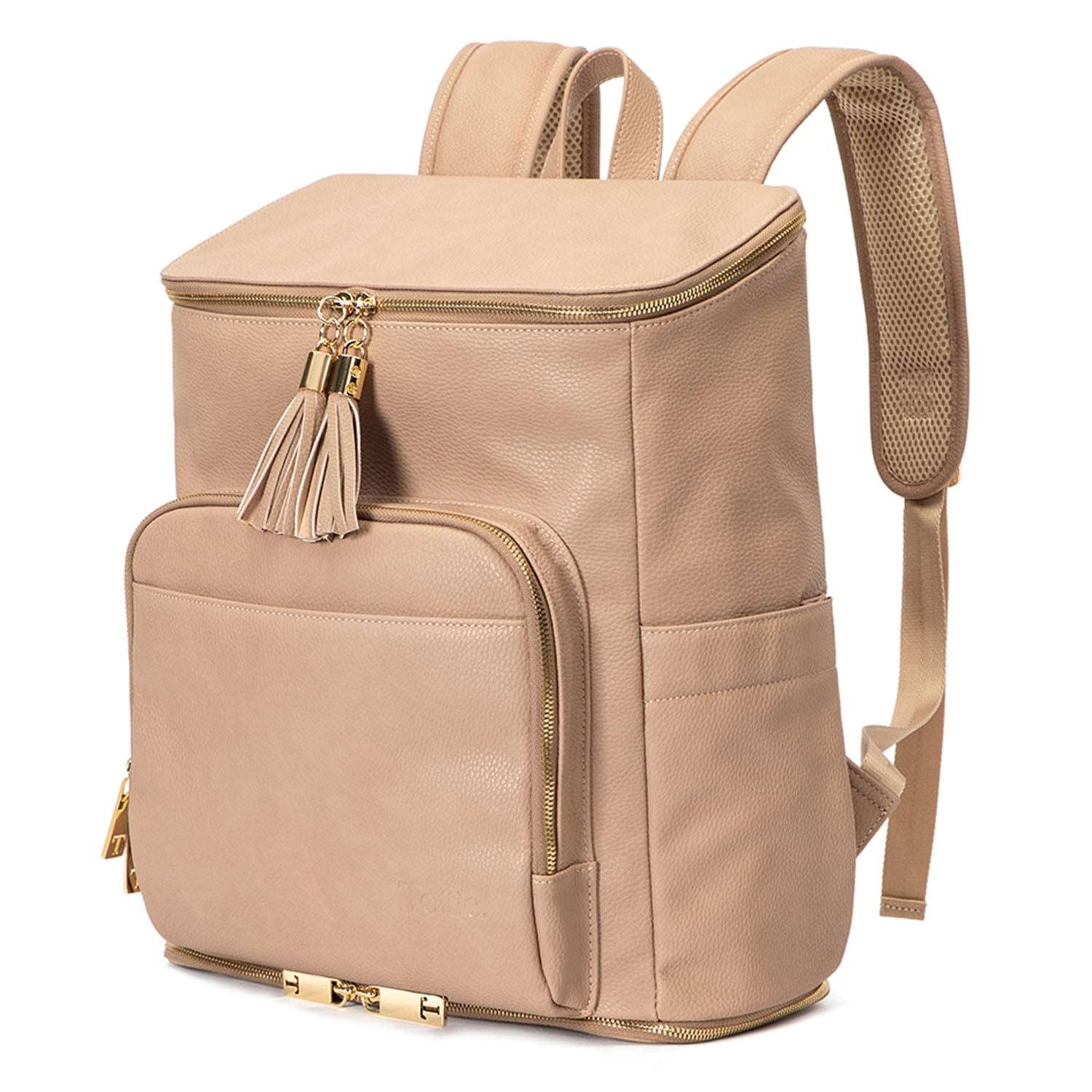 A stone colour leather baby backpack with gold zippers on white background