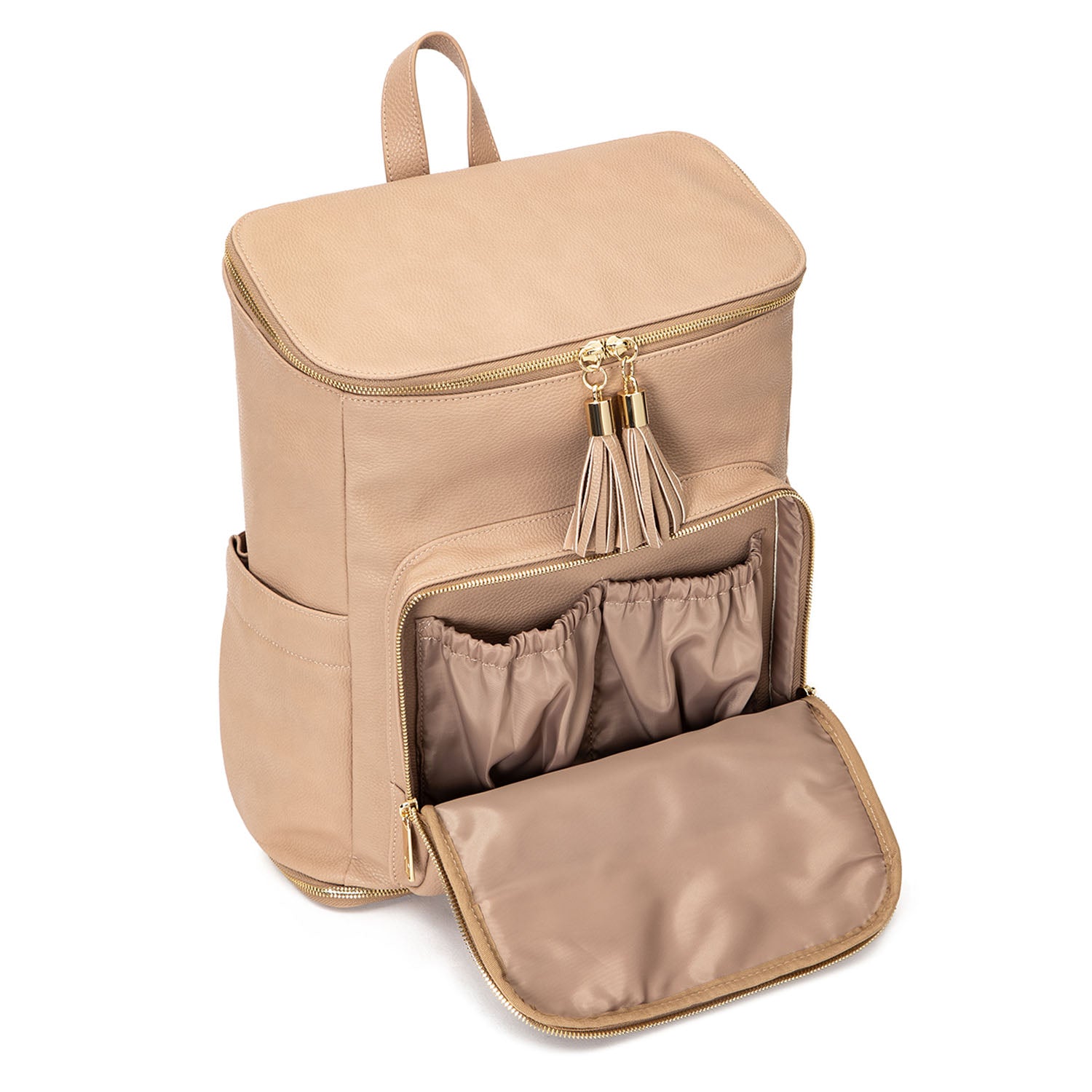 Unzipped stone-coloured nappy backpack with gold hardware displayed against a white background from Tottie