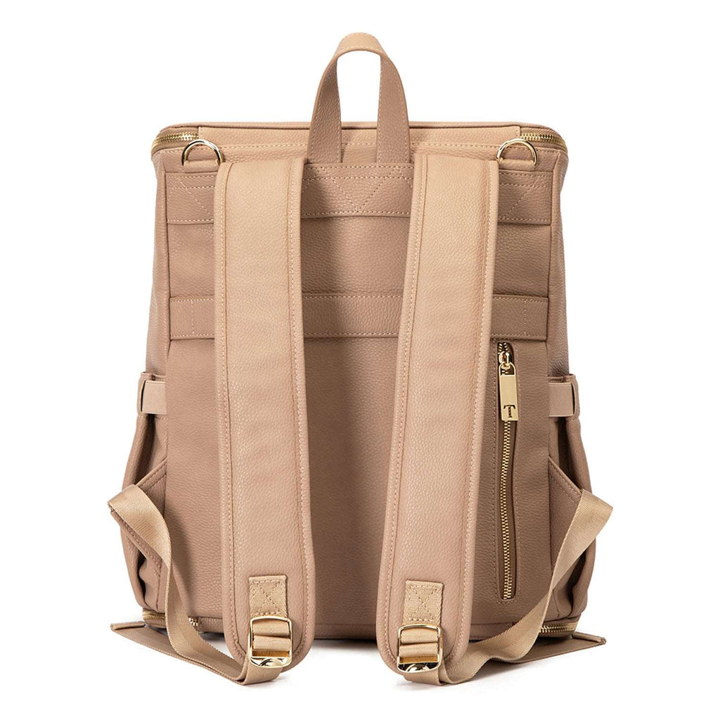 A stone colour leather baby backpack with gold zippers on white background