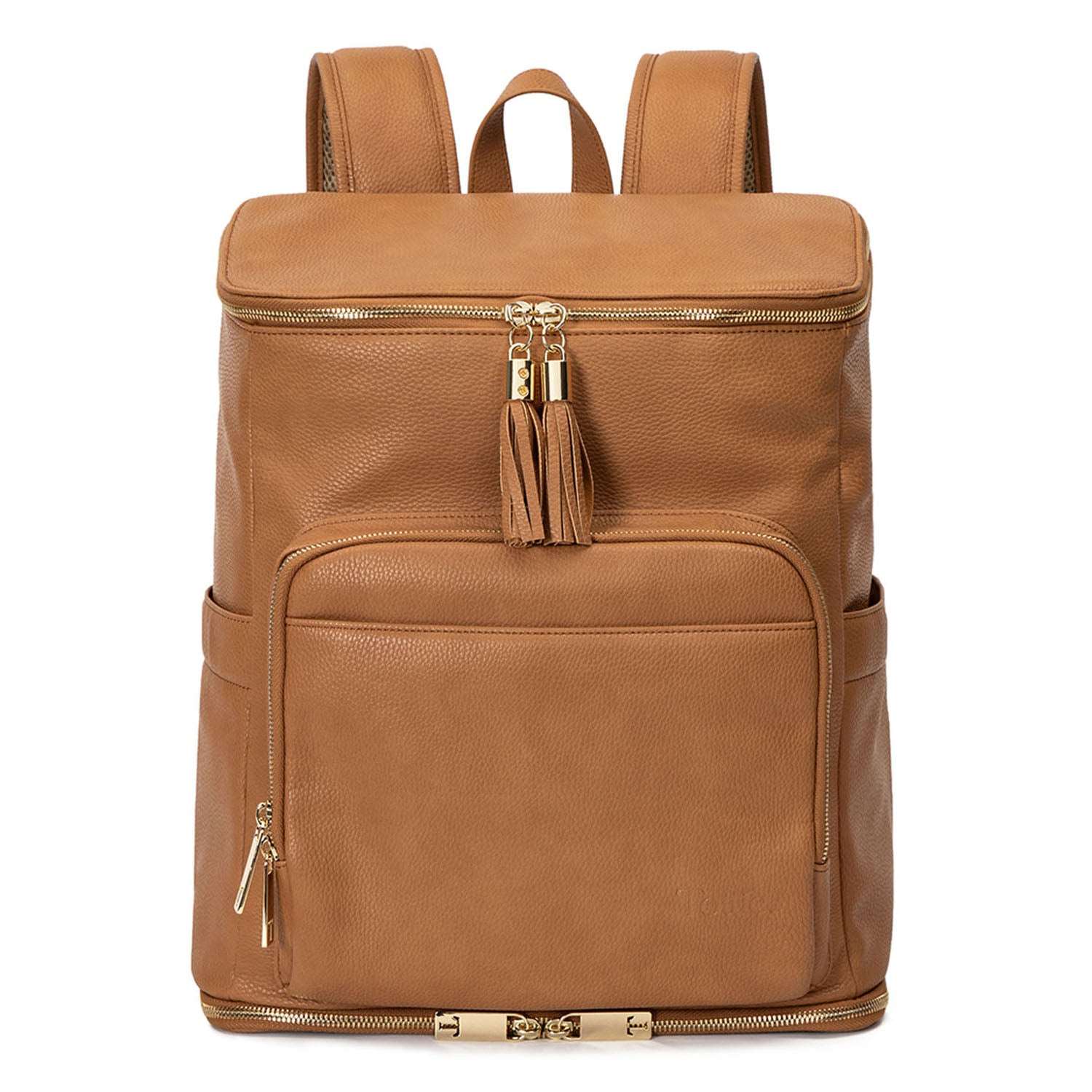 A tan colour leather baby backpack with gold zippers on white background