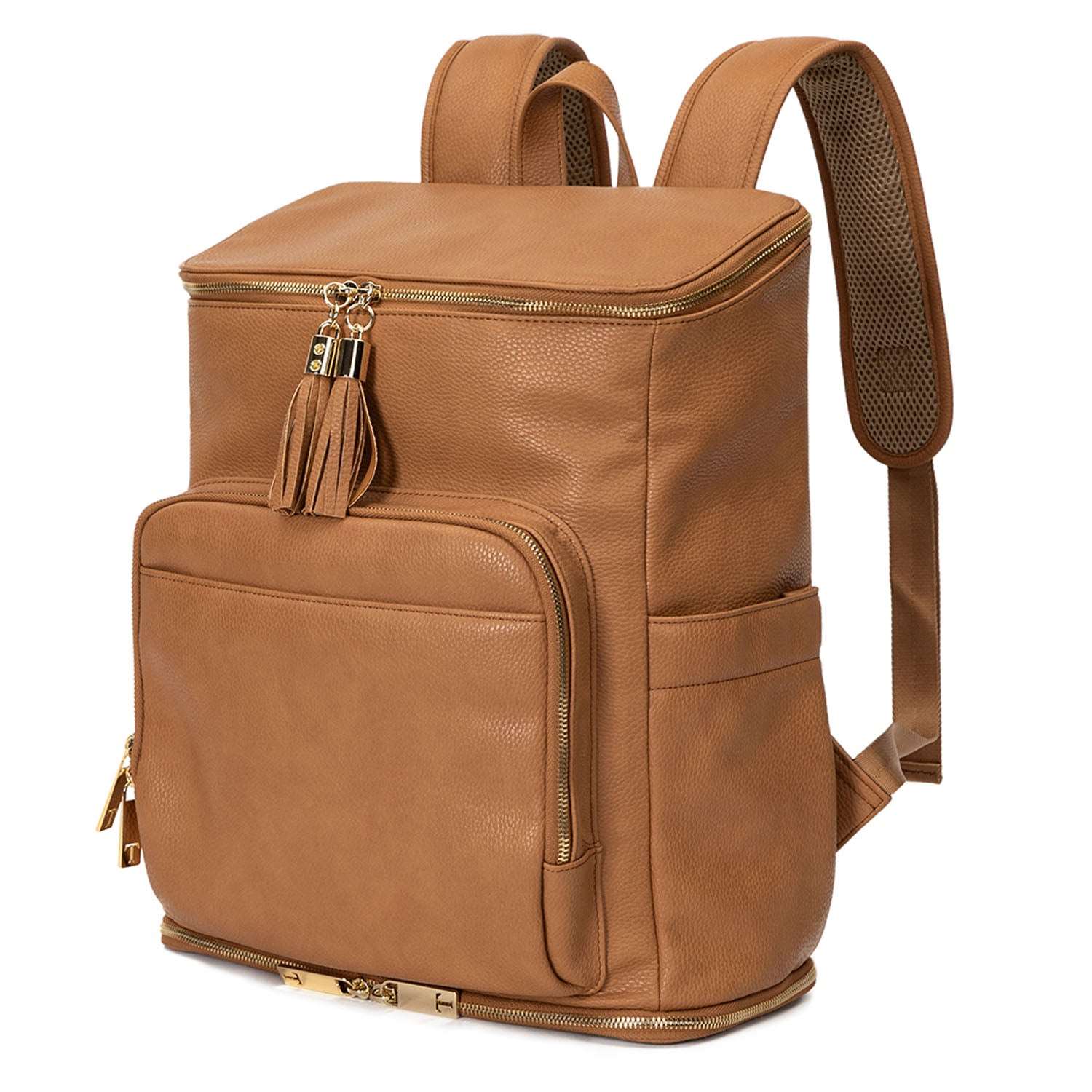 A tan colour leather baby backpack with gold zippers on white background