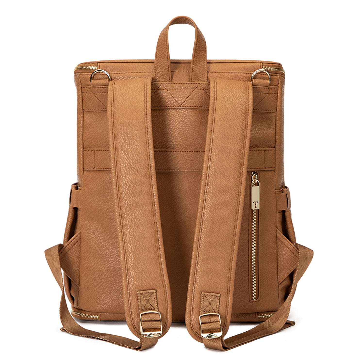 A tan colour leather baby backpack with gold zippers on white background