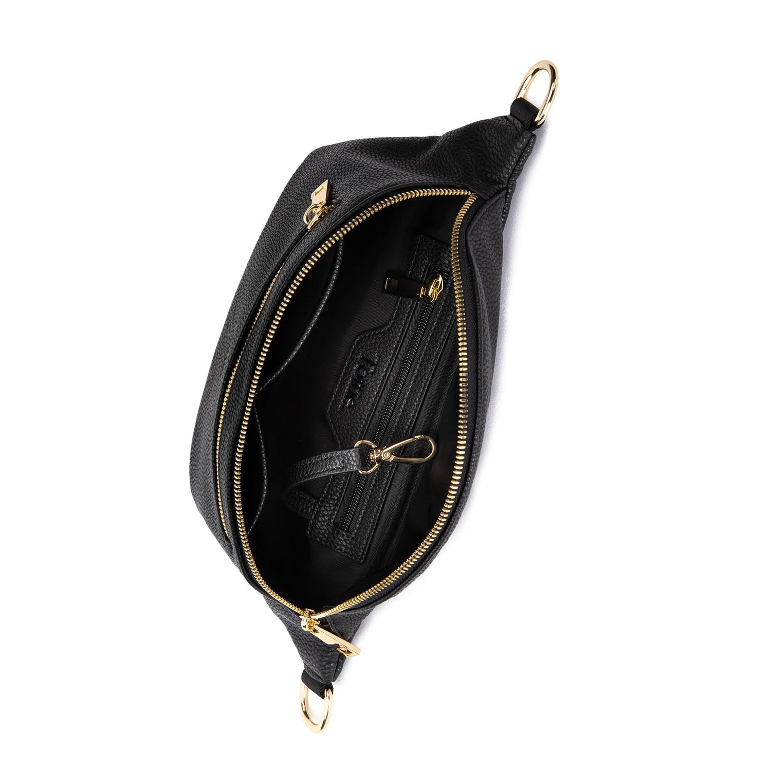 unzipped black bum bag with gold hardware on white background