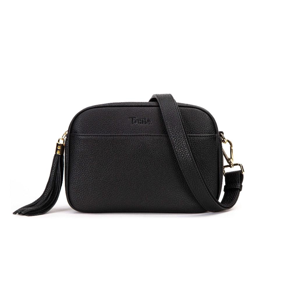 Black Leather Crossbody Bag with Adjustable Strap and Tassel