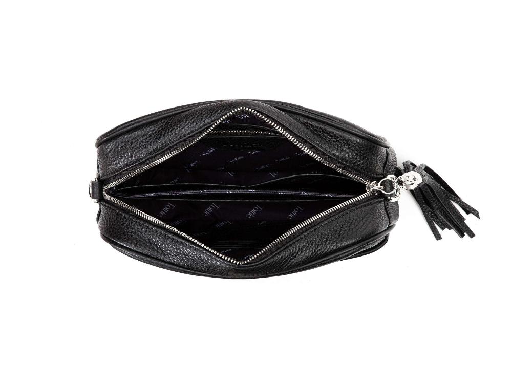 Unzipped Black Leather Crossbody Bag Interior with Tottie Branding and Card Slot