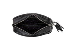 Unzipped Black Leather Crossbody Bag Interior with Tottie Branding and Card Slot