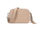 Stone-Colored Leather Crossbody Bag with Gold Hardware, Chain Strap, and Tassel from Tottie