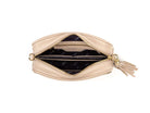 unzipped stone colored leather crossbody bag with gold zipper in white background