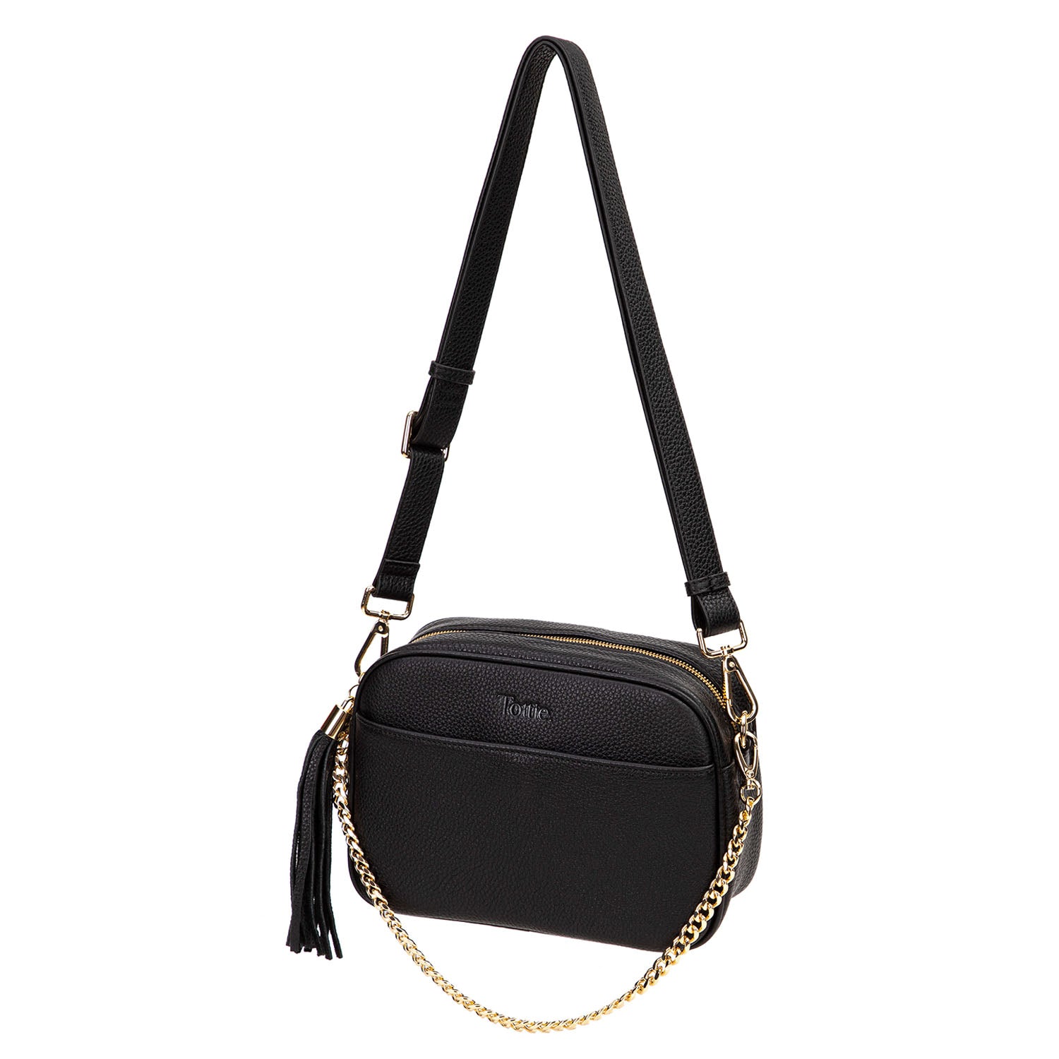 Black Crossbody Bag with Gold Hardware and Tassel