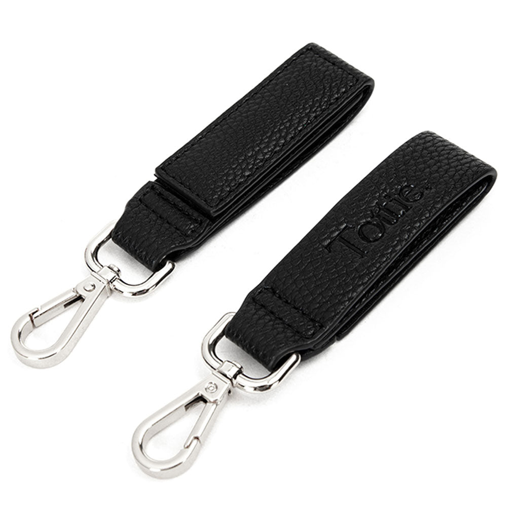 black leather pram clip with silver buckle clip from Tottie